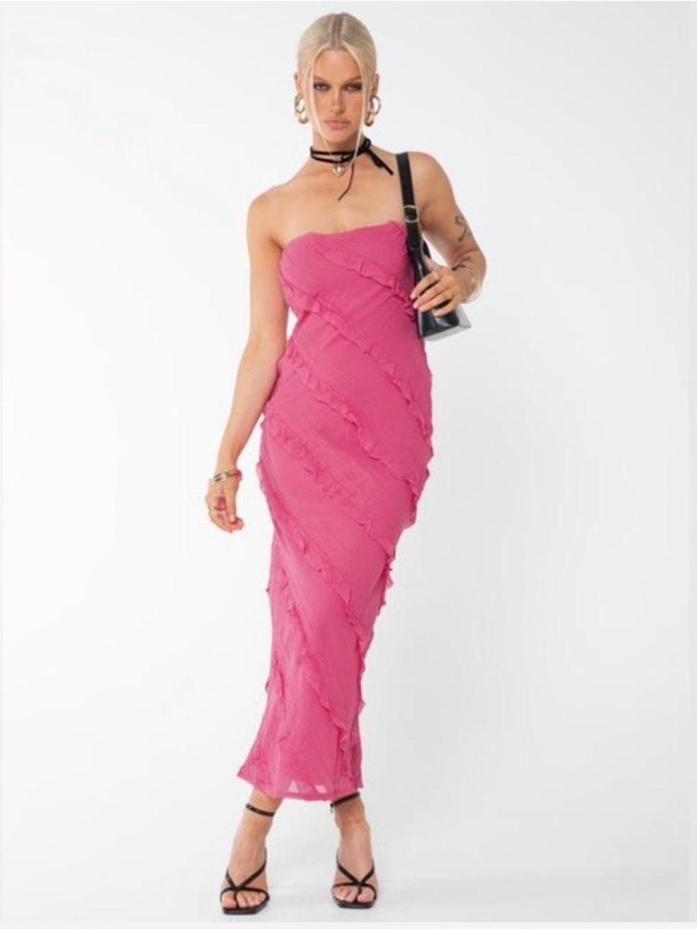 Princess Polly Strapless Hot Pink Ruffled Maxi Dress